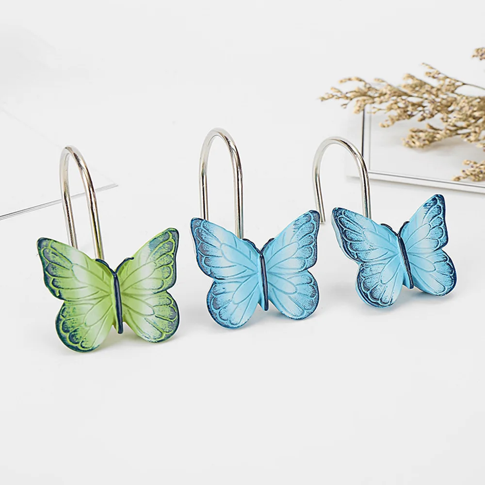 12PCS/Box Blue Green Butterfly Shower Curtain Hooks Clothes Storage Hook Hanging Towel Coat Diy Home Tools Decor