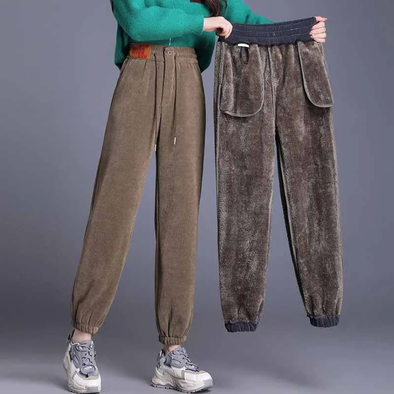 

Толстые спортивные брюки с карманами, сезон осень-зима, свободные вельветовые брюки с высокой талией, женские модные брюки-джоггеры с плюшевой завязкой, 2024