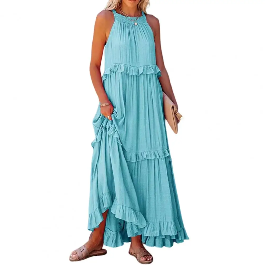 

Fashion Summer Loose Long Dress Women Casual Elegant Ruffle Sleeveless Female Party Outfits Beach Maxi Green Dress