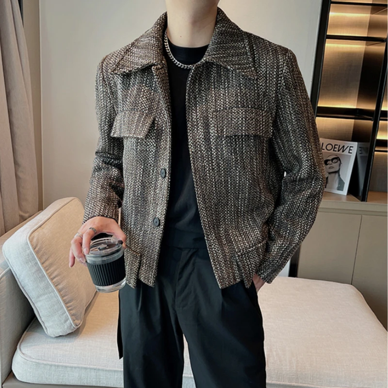 

2022 Autumn Winter Woven Woolen Jacket Men Loose Lapel Business Casual Coat Streetwear Overcoat Social Windbreaker Men Clothing