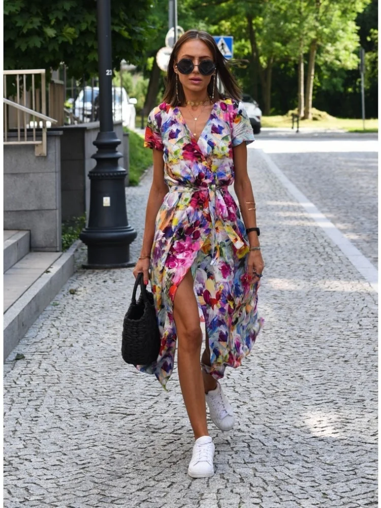 Wmstar Dress Women Wholesale Printed Summer Cross Border V Neck Midi Length Women's Clothing New in Summer Drop Shop[ping