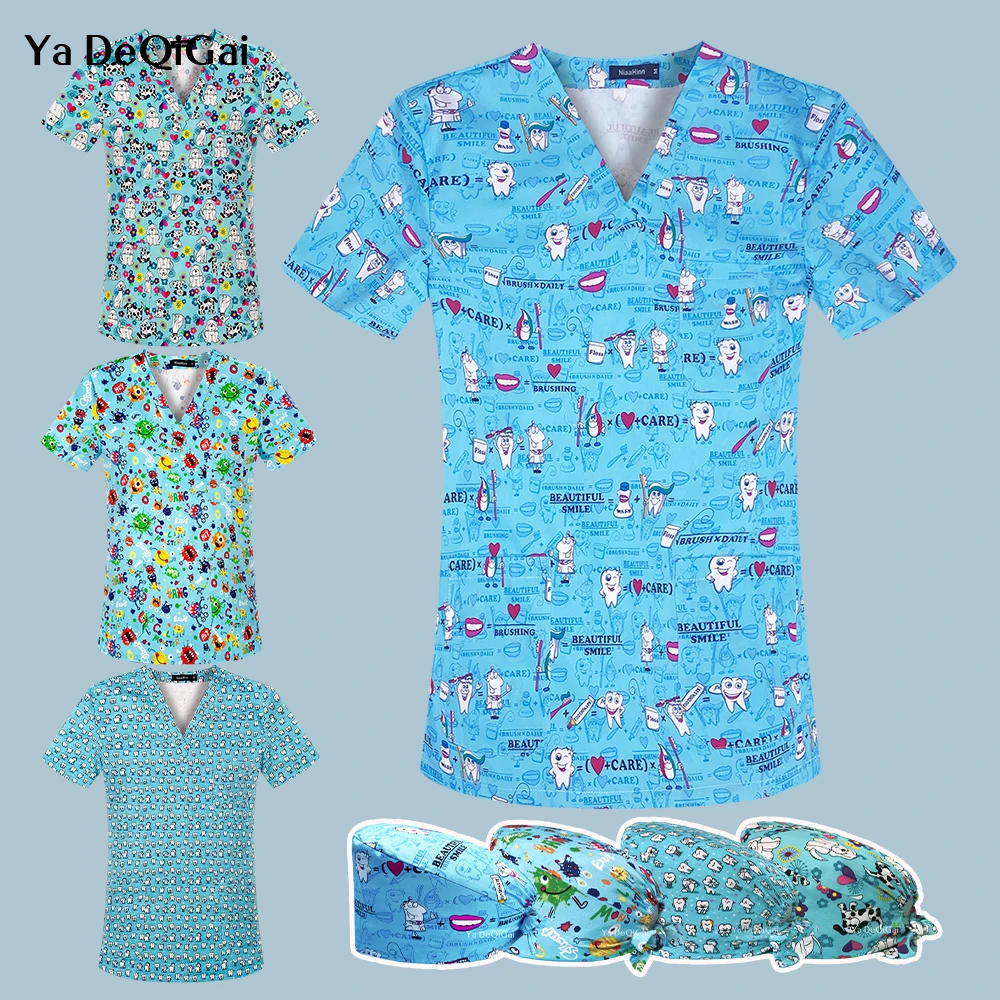 

High-end Tooth Dental Women's 3 Pocket Medical Nursing Top V Neck Printing Workwear Men's Tee Scrubs Uniform Hats