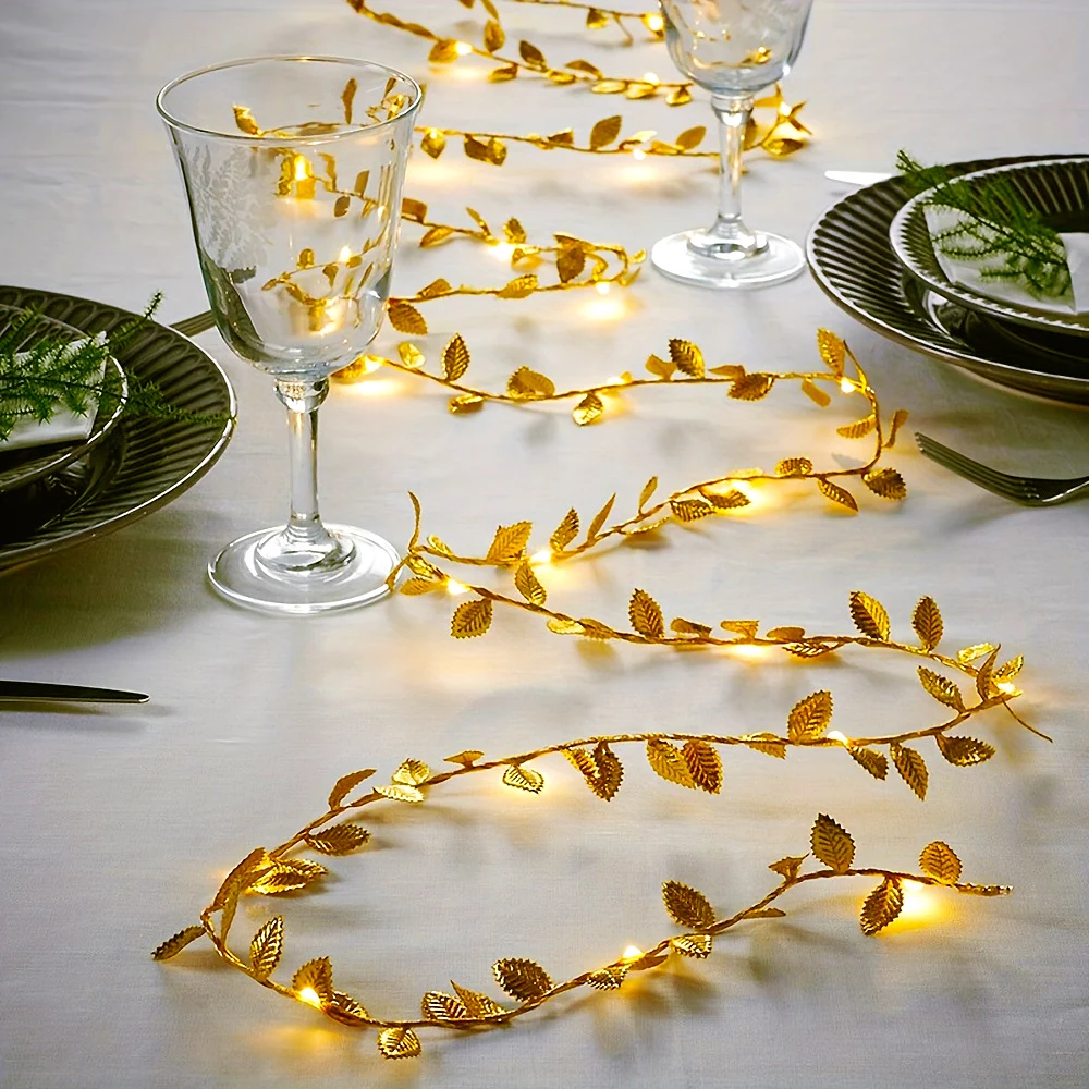 1Pcs 5M 50LED Golden Tiny Leaves Fairy Light Battery Powerd Led Copper Wire String Lights For Wedding Home Party DIY Xmas Decor