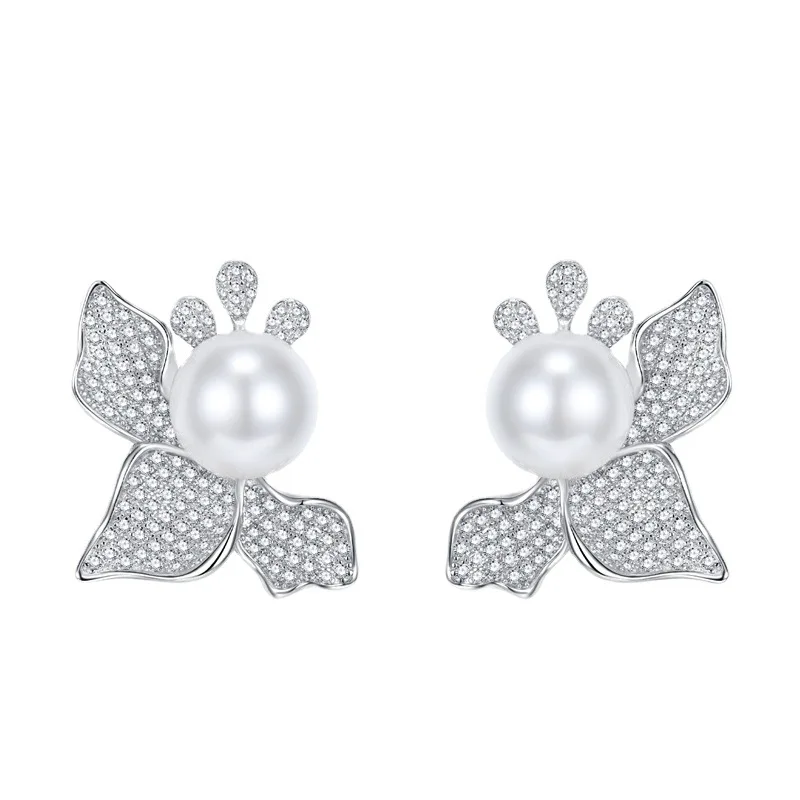 

2021 Floral Bow Tie Earrings Full Body 925 Silver Inlaid Pearl 12mm European and American Female Earrings