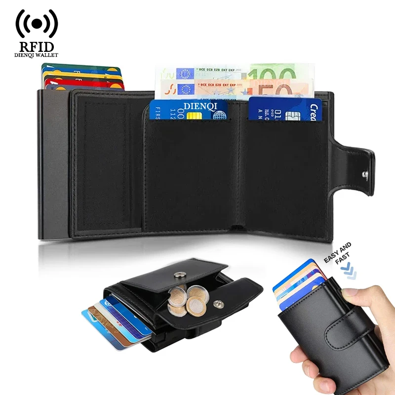 Porta biglietti da visita in metallo Porta carte di credito Rfid Portafoglio nero a tre ante con chiusura Borsa per soldi piccola Portamonete maschile Portafogli per uomo