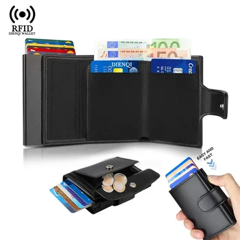 Porta biglietti da visita in metallo Porta carte di credito Rfid Portafoglio nero a tre ante con chiusura Borsa per soldi piccola Portamonete maschile Portafogli per uomo