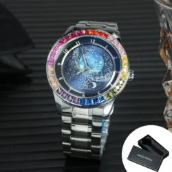 Men's Luxury Mechanical Watch with Rotating Star Dial and Rainbow Case, featuring a Genuine Leather Strap (BOX METAL RAINBOW)