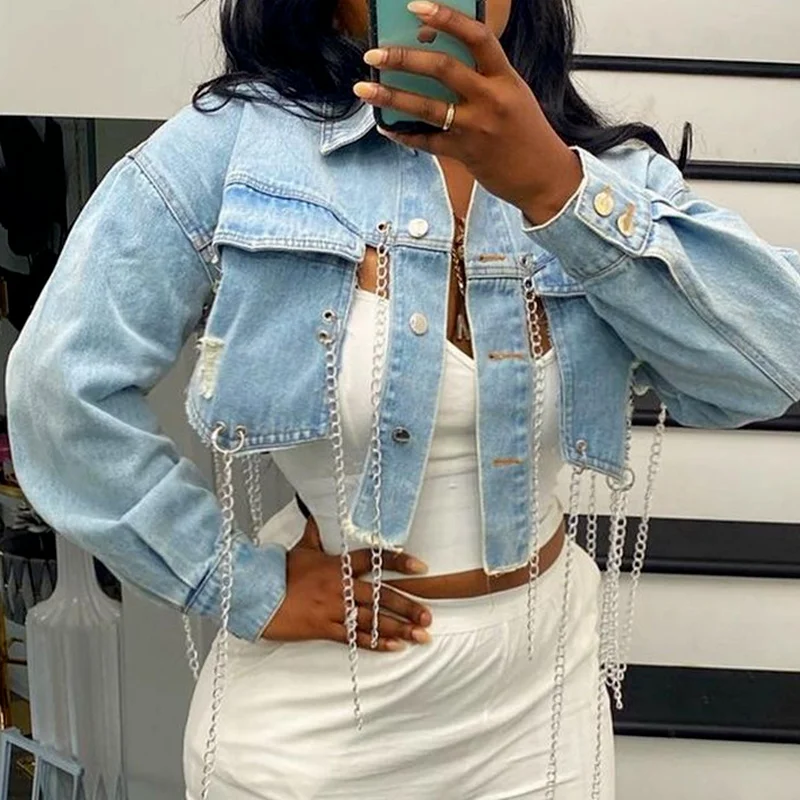 Light Blue Ripped Denim Jacket Women's 