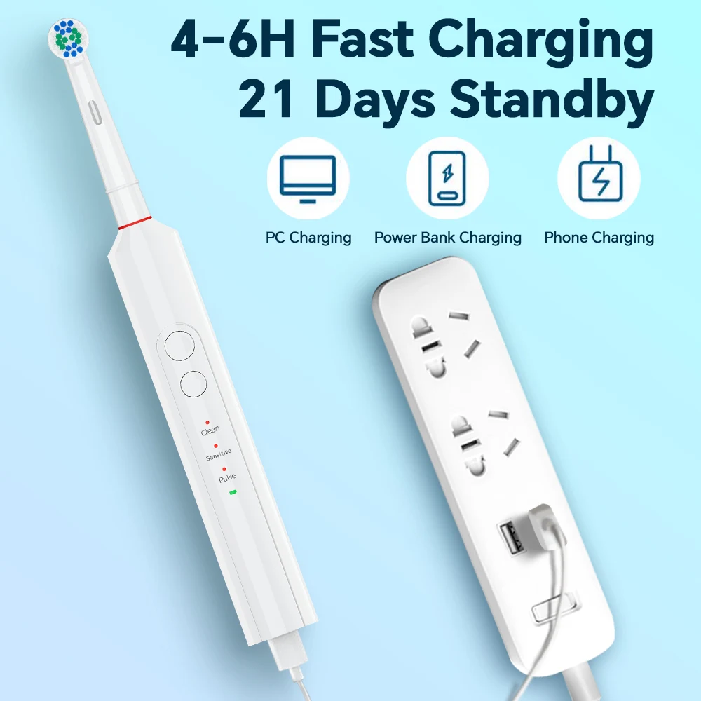 Rechargeable Electric Toothbrush for Adults with 6 Heads & Travel Case, 3 Modes & 2 Min Timer, Compatible with Oral B Brush Head