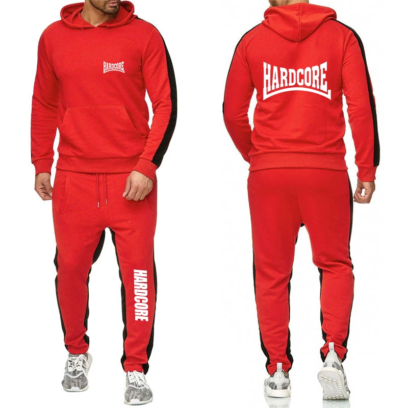 HARDCORE Printed Hoodie Sweatpants Tracksuit Men's Hooded Sweatshirt+Pants Pullover Sportwear Suit Clothes 2 Pieces Sets 2