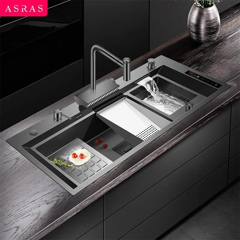 Smart Kitchen Sink - Stainless Steel Black Nano Handmade Double Sink with Vegetable & Fruit Purifier and Catalyst