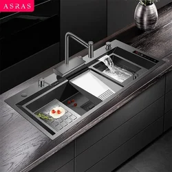 Smart Kitchen Sink - Stainless Steel Black Nano Handmade Double Sink with Vegetable & Fruit Purifier and Catalyst