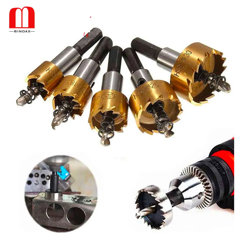 BINOAX 5 Pcs HSS Carbide Tip Drill Bit Saw Set 16/18.5/20/25/30mm Metal Wood Drilling Hole Cut Tool for Installing Locks