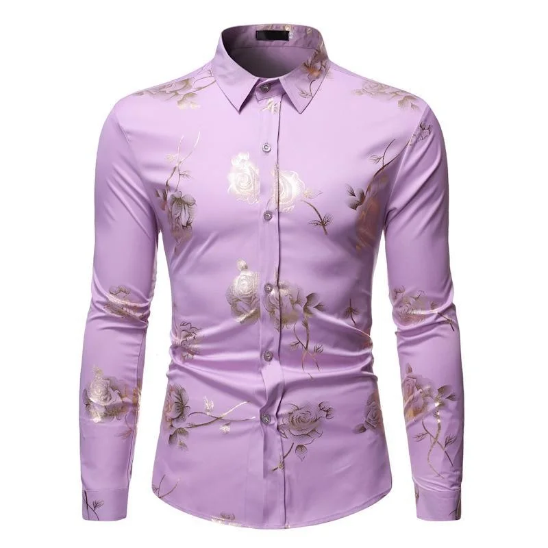 Luxury Shirt Mens Gold Rose Printed Slim Fit Long Sleeve Dress Tuxedo Shirt Camisa De Hombre
