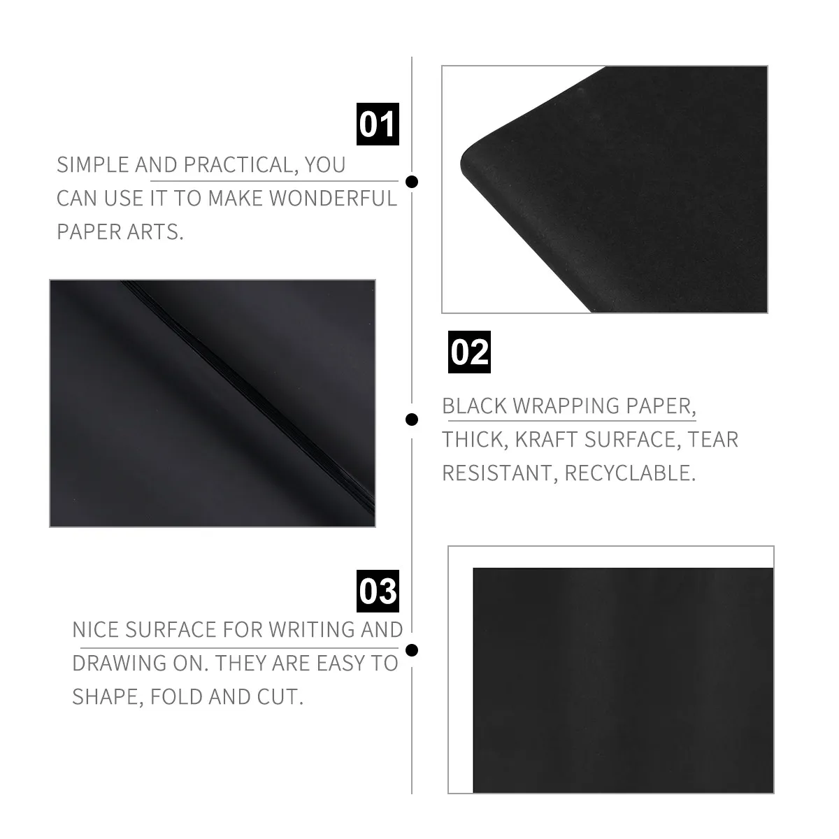 20Pcs 프리미엄 재활용 가능한 블랙 크래프트 꽃 포장지 아트 프로젝트 테이블 커버 드로잉을위한 솔리드 컬러 선물 포장지