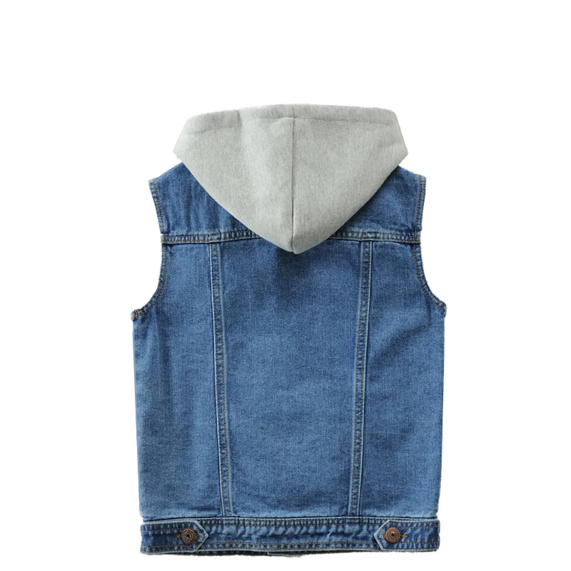 Boys Denim Vest With Hood Fashion Solid Design Kids Causal Outwear Jean Coat For Children's Age 2-14 T Waistcoat LC400