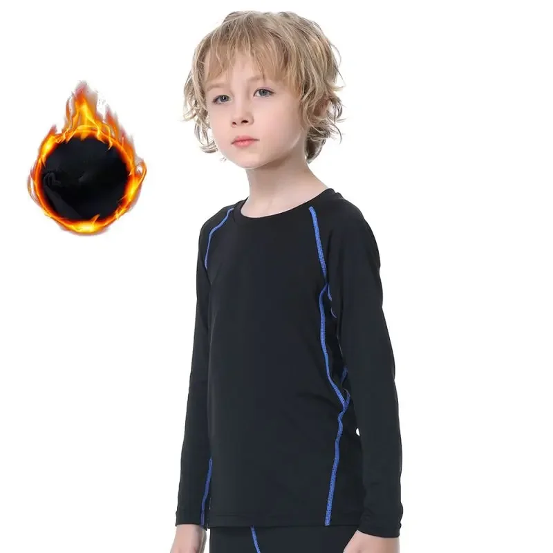 Kid Boys Sports Compression Top Long Sleeved Velvet T-shirt Child Fitness Quick-Drying Training Football Fleece Base Layer Shirt