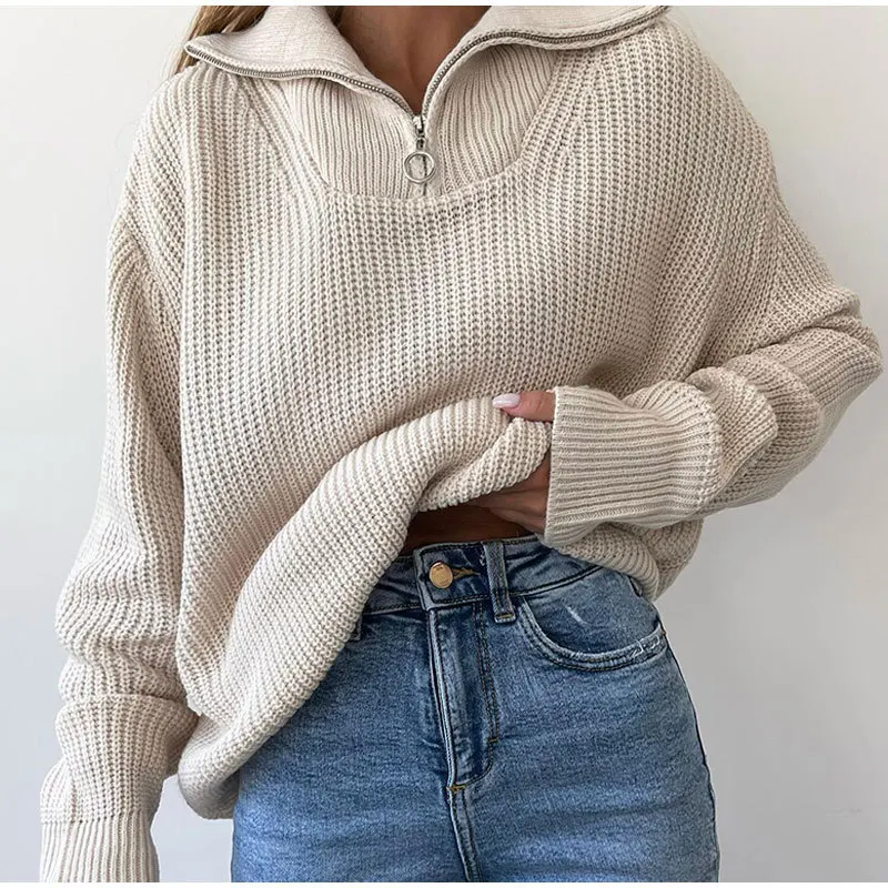 

2023 Zipper Pullover Knitted Sweater Loose Casual Women's Autumn/Winter Women's Knitted Sweater Women's Polo Neck Sweater