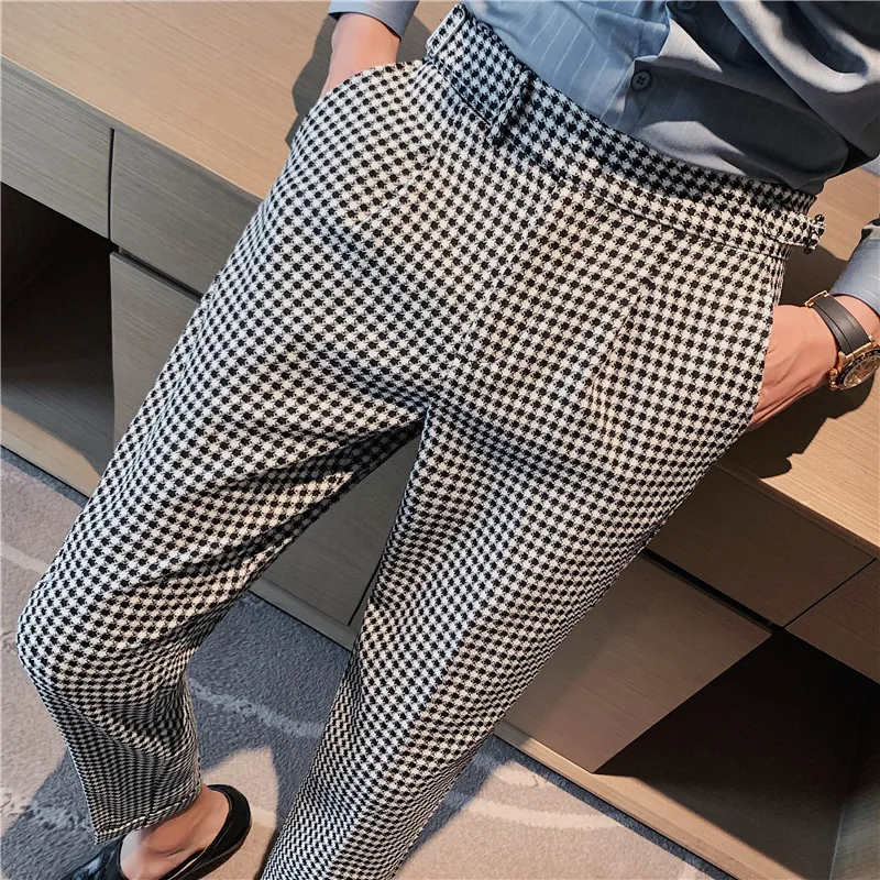 High Quality Plaid Suit Pants for Men 2023 Autumn Belt Decoration