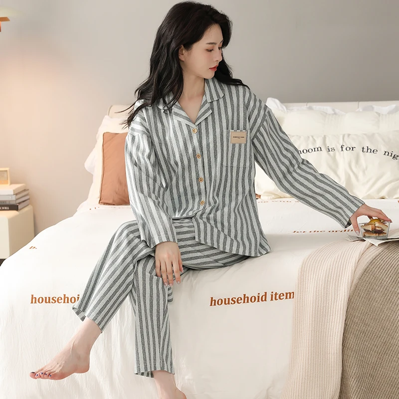 

Big Size M-4XL Women Pajamas Set Spring and Autumn Knited Cottton Long Sleeve Pyjamas Female Striped Pijamas
