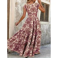 Plus Size Women's Bohemian Floral Print V-Neck Short Sleeve Dress Oversized Ruffled Skirt For Women Casual A-line Long Dresses - Image 4
