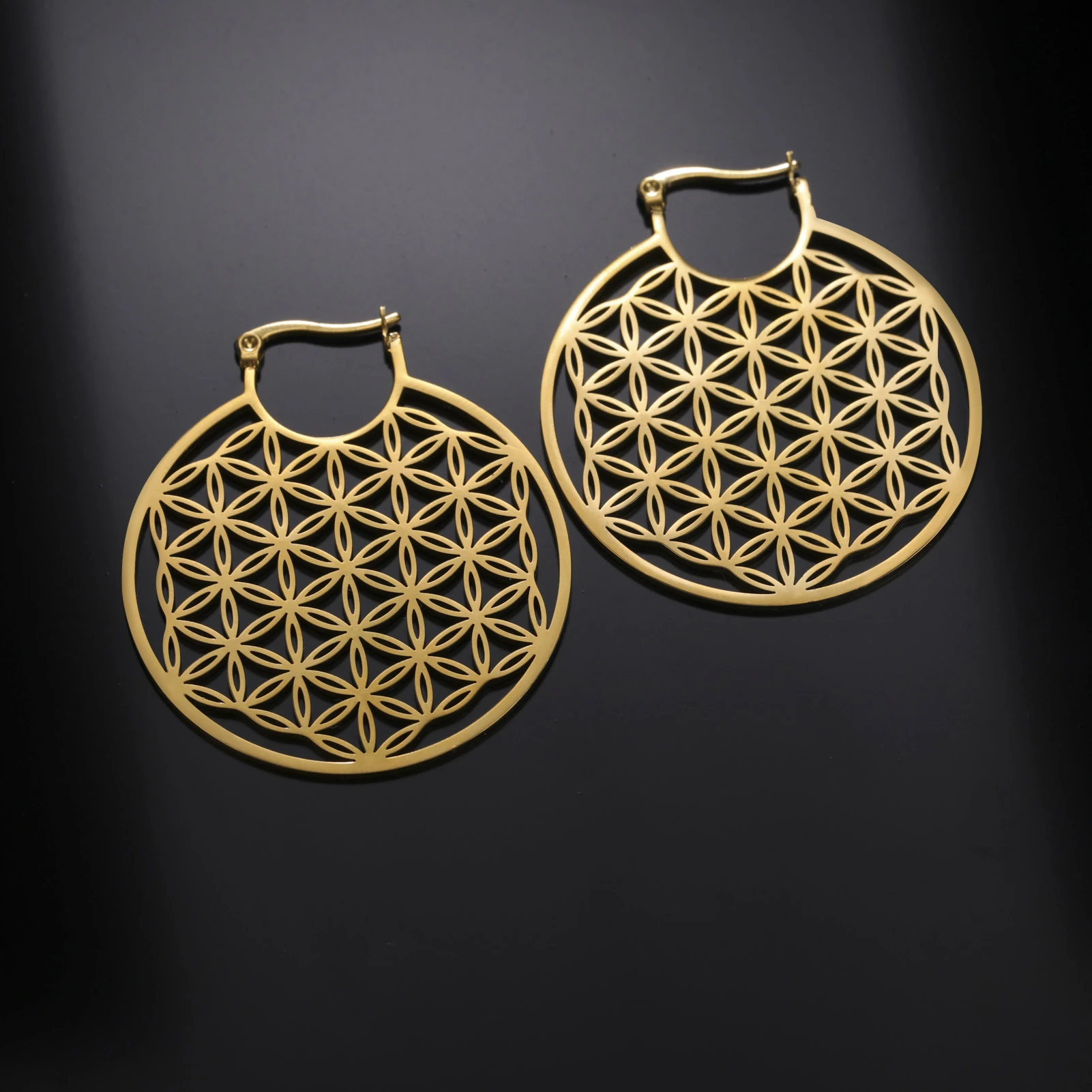 LIKGREAT Flower of Life Hoop Earrings for Women Mandala Stainless Steel Hoops Gold Color Hollow Drop Earrings Vintage Jewelry