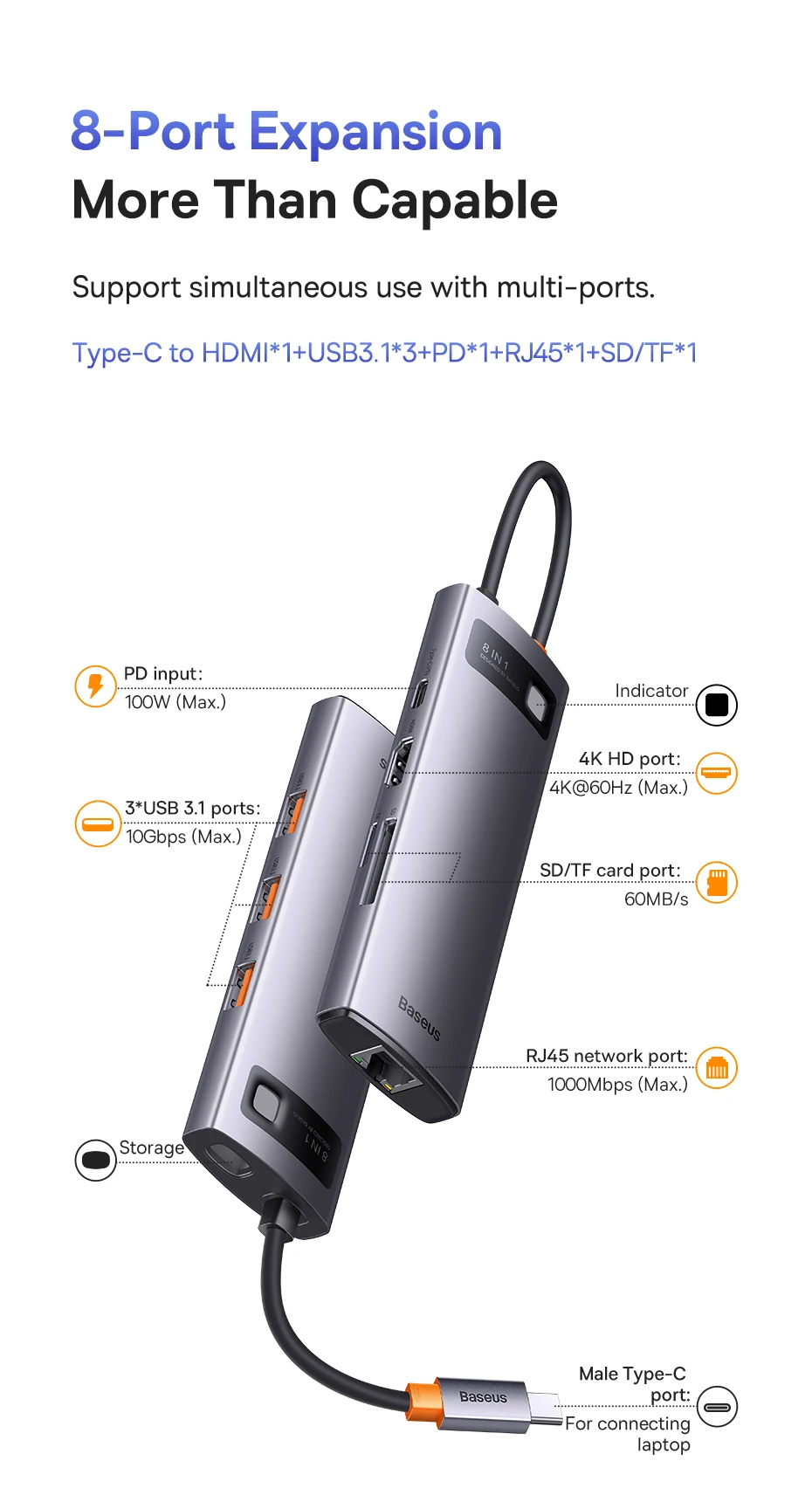 baseus usb hub divisor usb tipo para hdmi compatível pd adaptador para macbook ar pro doca estação