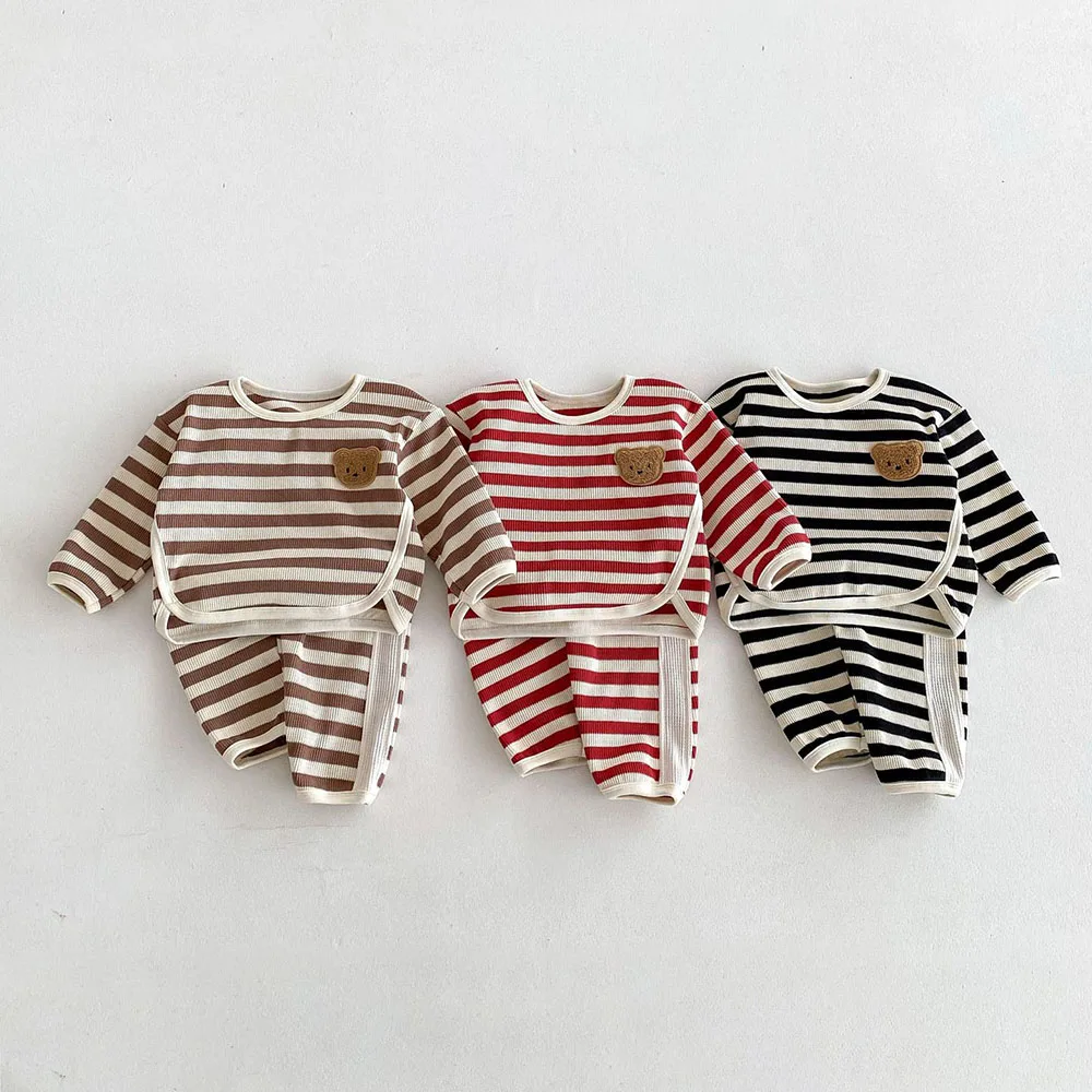 Autumn Kids Waffle Striped Hoodies Casual Outfit