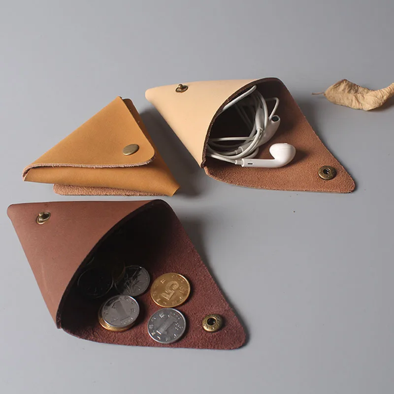 Retro Men's and Women's Coin Purse Bag Man Handmade Cowhide Wallet Small Earphone Data Cable Pack Designer Luxury Triangle Woman