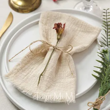 Serviettes en coton rustique Vintage, 10 pièces, bavure rétro, serviette douce et absorbante en lin pour décorations de Table de fête de mariage 1