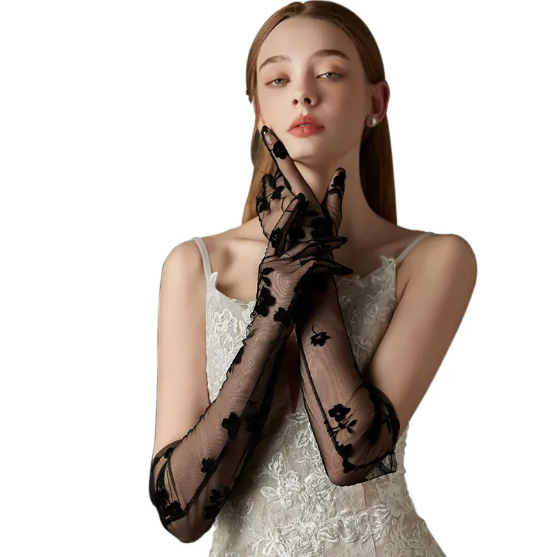 WG126 Elegant Bridal Long Gloves Soft Tulle Black Embroidered Flowers Finger Elbow Wedding Pageant Prom Gloves