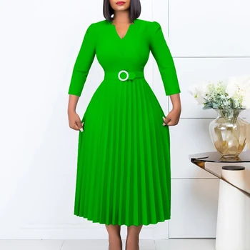 Elegant Pleated Dresses for Women V Neck Full Sleeve Belt Waisted Mid Calf African Office Business Work Wear Dress Midi Clothes