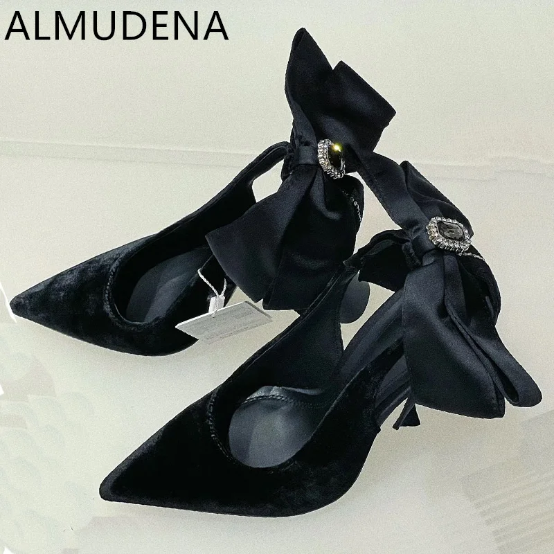 

Kid Suede Pointed Toe Round Thin Heel Women Slingback Pumps Bow Knot Square Rhinestones Shoes Mature Dress Party Outside Shoes