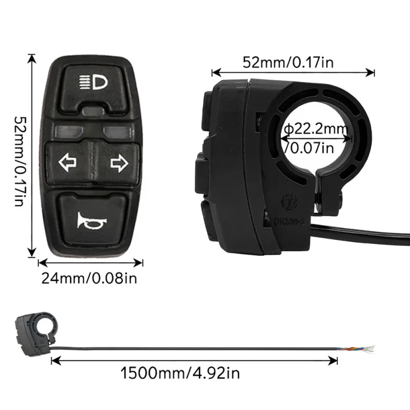 Electric Bike Switch 3 in 1 Headlight Turn Signal Horn Switch 36V/48V ON/OFF Control Waterproof for E-Bike