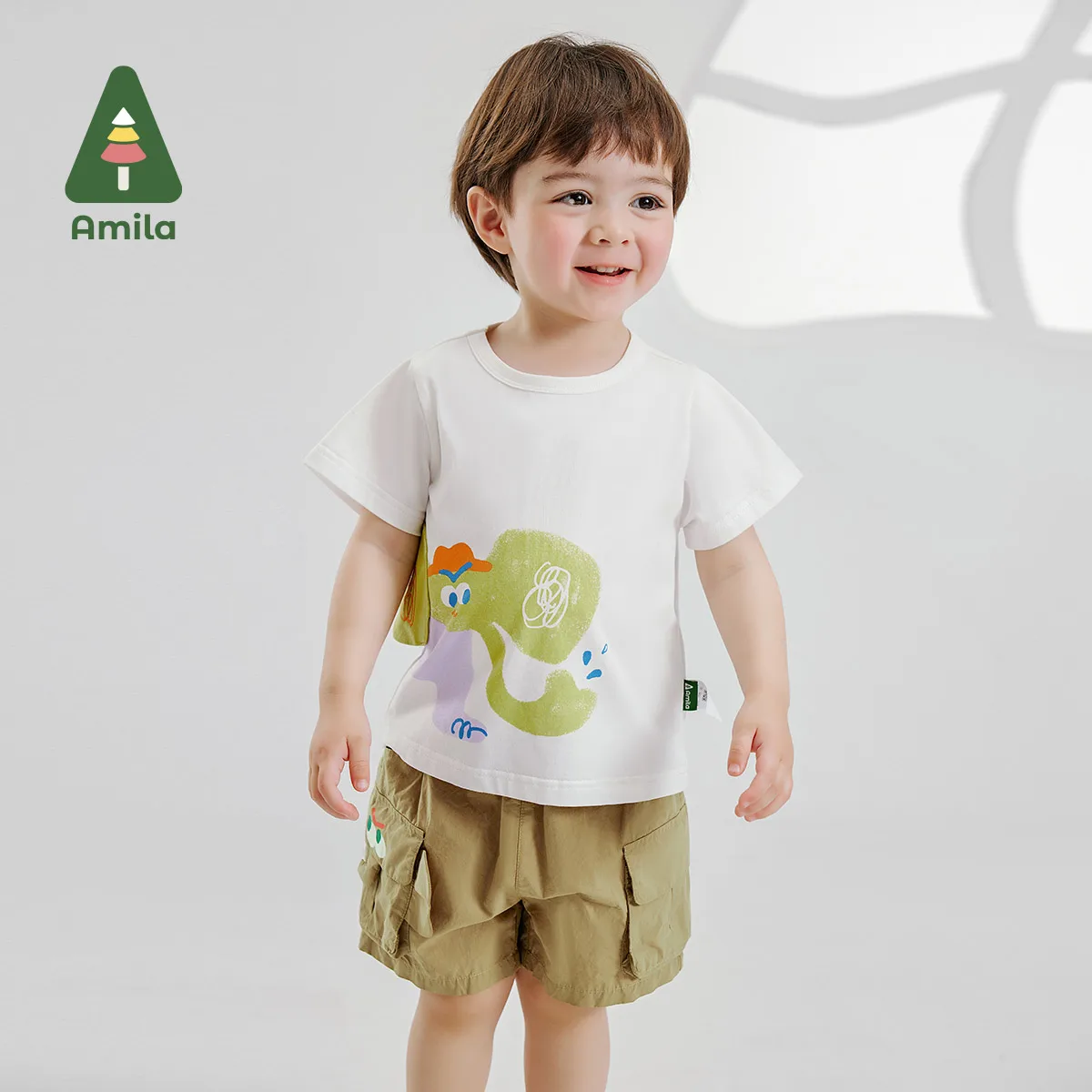 Amila Summer New Boys Bottom Cotton Solid Color Cartoon Elephant Pocket Cargo Quarter Pants
