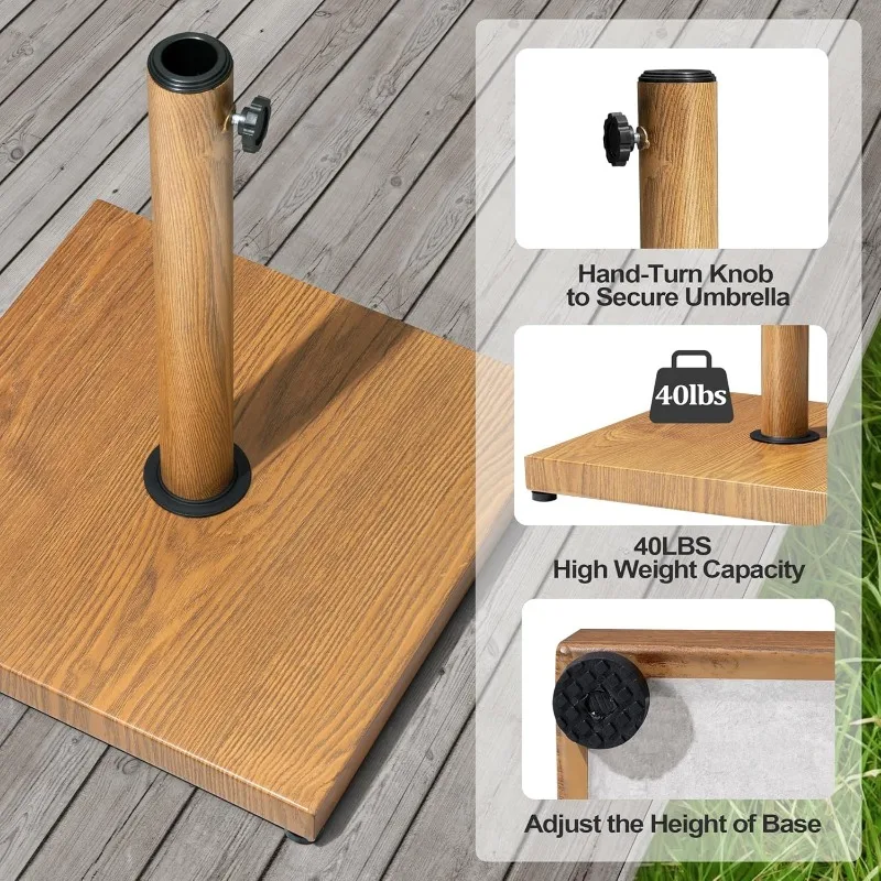 Patio Umbrella Base, 43lbs Outdoor Heavy Duty Square Concrete Stand Market Umbrella, Teak Brown 6