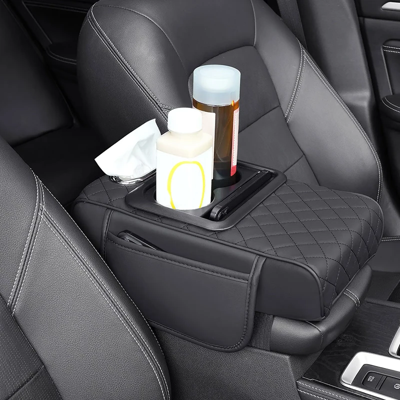 Car Armrest Storage Box, Car Center Console Organizer, Armrest Heightening Cushion with Cup Holder Armrest Storage Organizer Box