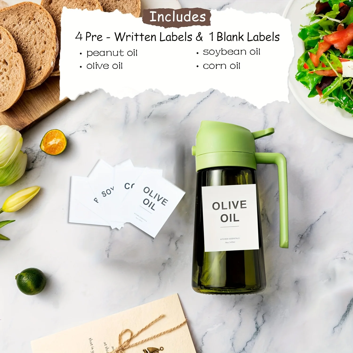 16 ounces Kitchen glass olive oil dropper, 2-in-1 oil bottle and cooking sprayer, automatic flip lid