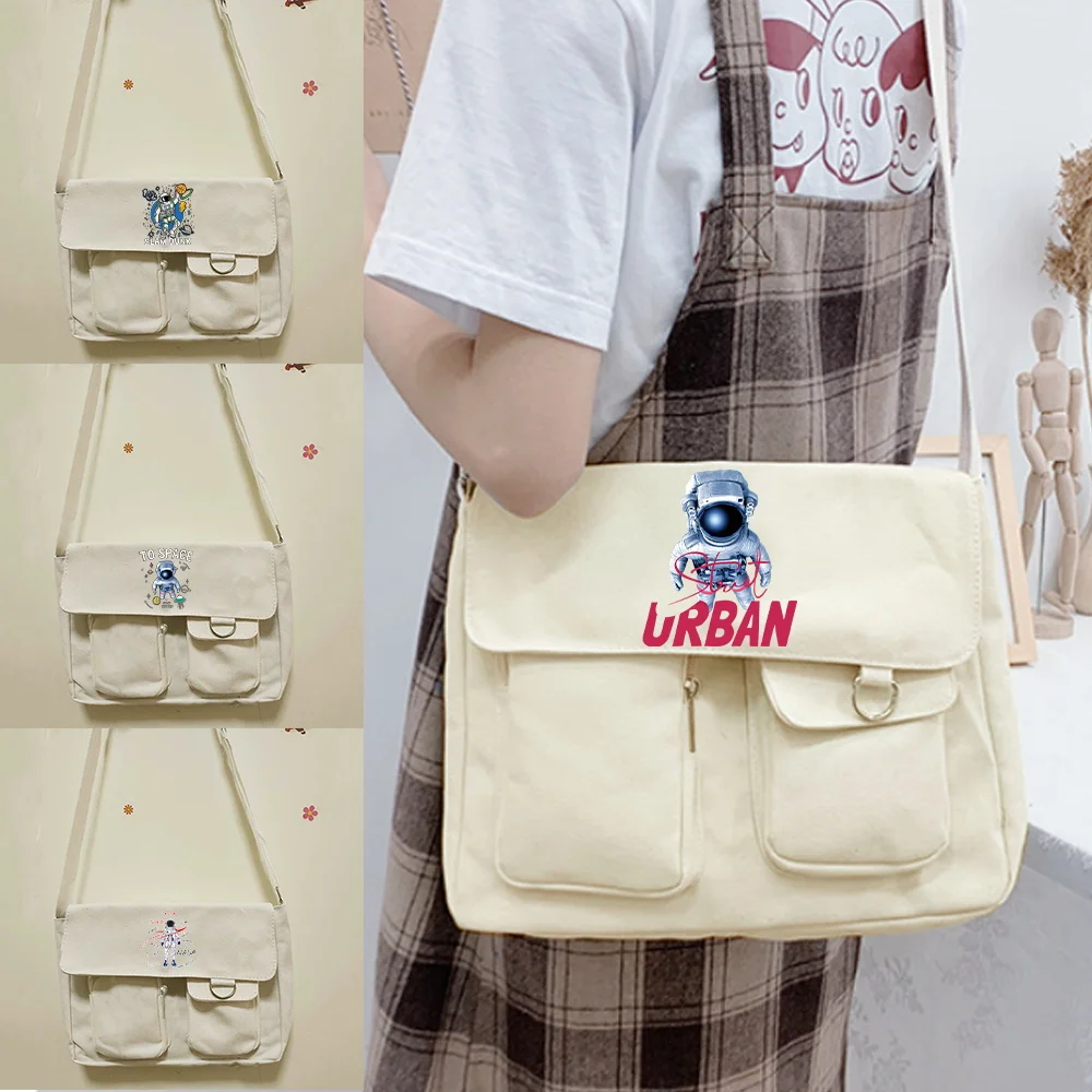 

Canvas Messenger Bag Women's Casual Satchel Girls Handbag Shoulder Large Capacity Tote Bag Astronaut Pattern Shopping Bags