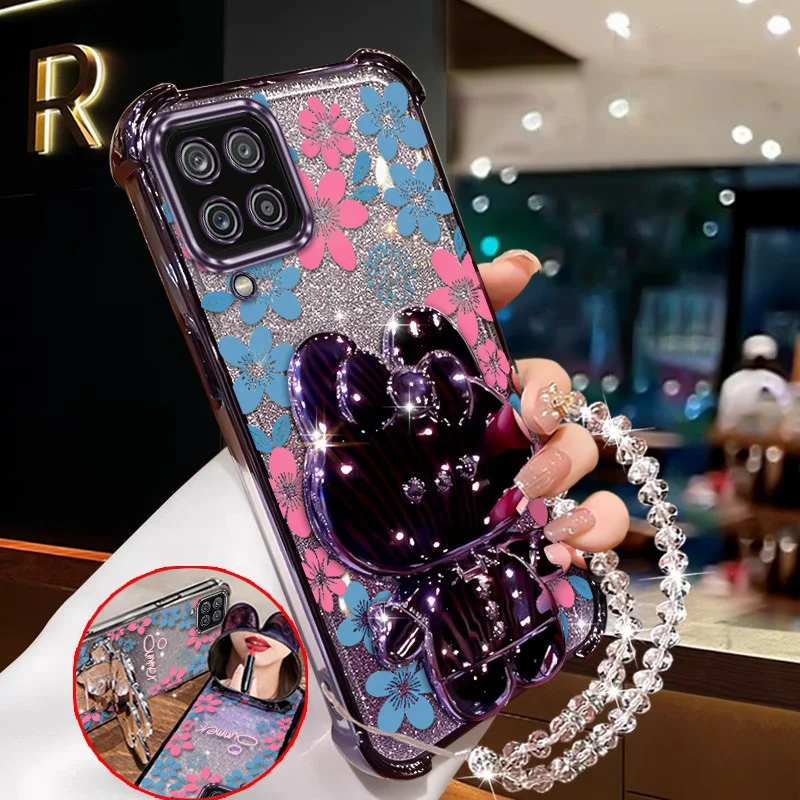 Elegant Blue Floral Phone Accessory Set - Includes Case, Lanyard & Stand