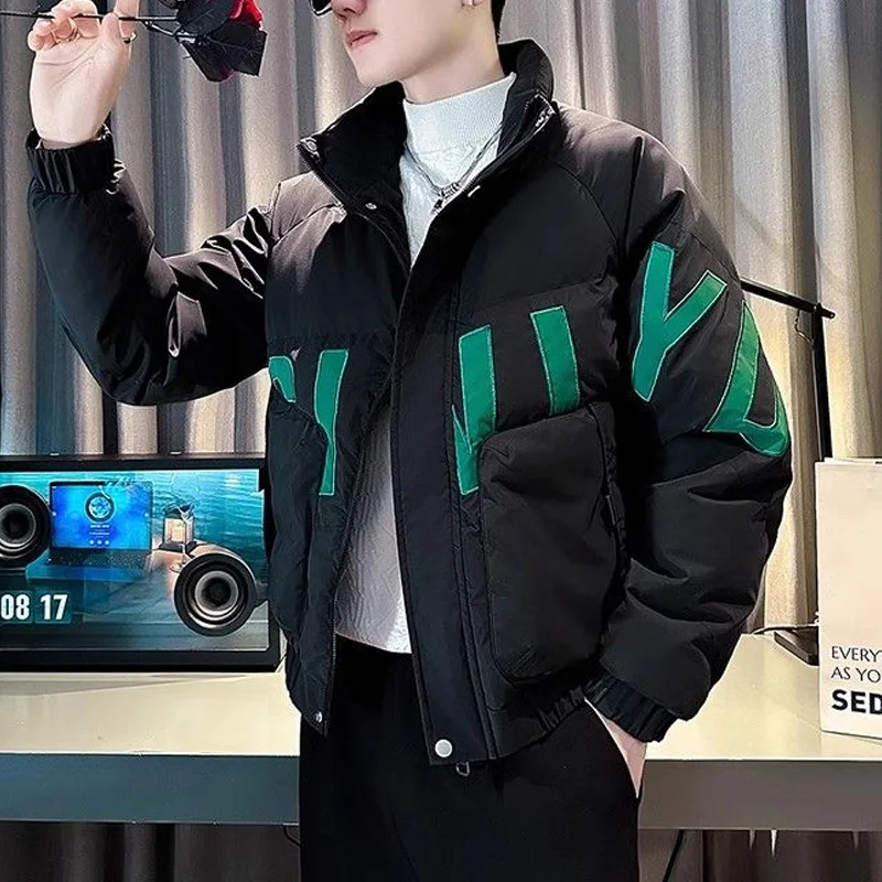 Autumn Winter New Contrast Color Fashion Long Sleeve Parkas Men Casual Loose Zipper Pocket Button Outwear Korean Style Tops