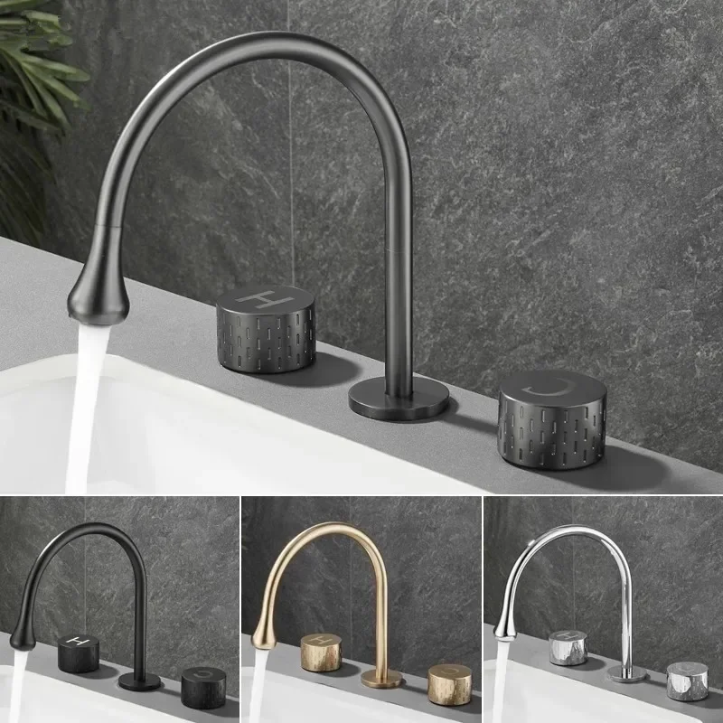 Brushed Gold Basin Faucet Brass Gray Widespread Bathroom Black Sink Faucets 3 Hole Hot And Cold Chrome Water Tap