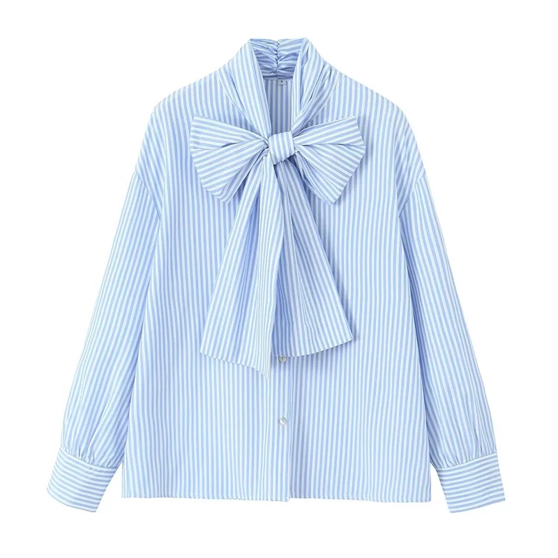

Woman Elegant Blue Striped Long Sleeve Shirt 2023 Spring Female Chic Loose Bow Collar Shirts Office Ladies Basic Button Shirt