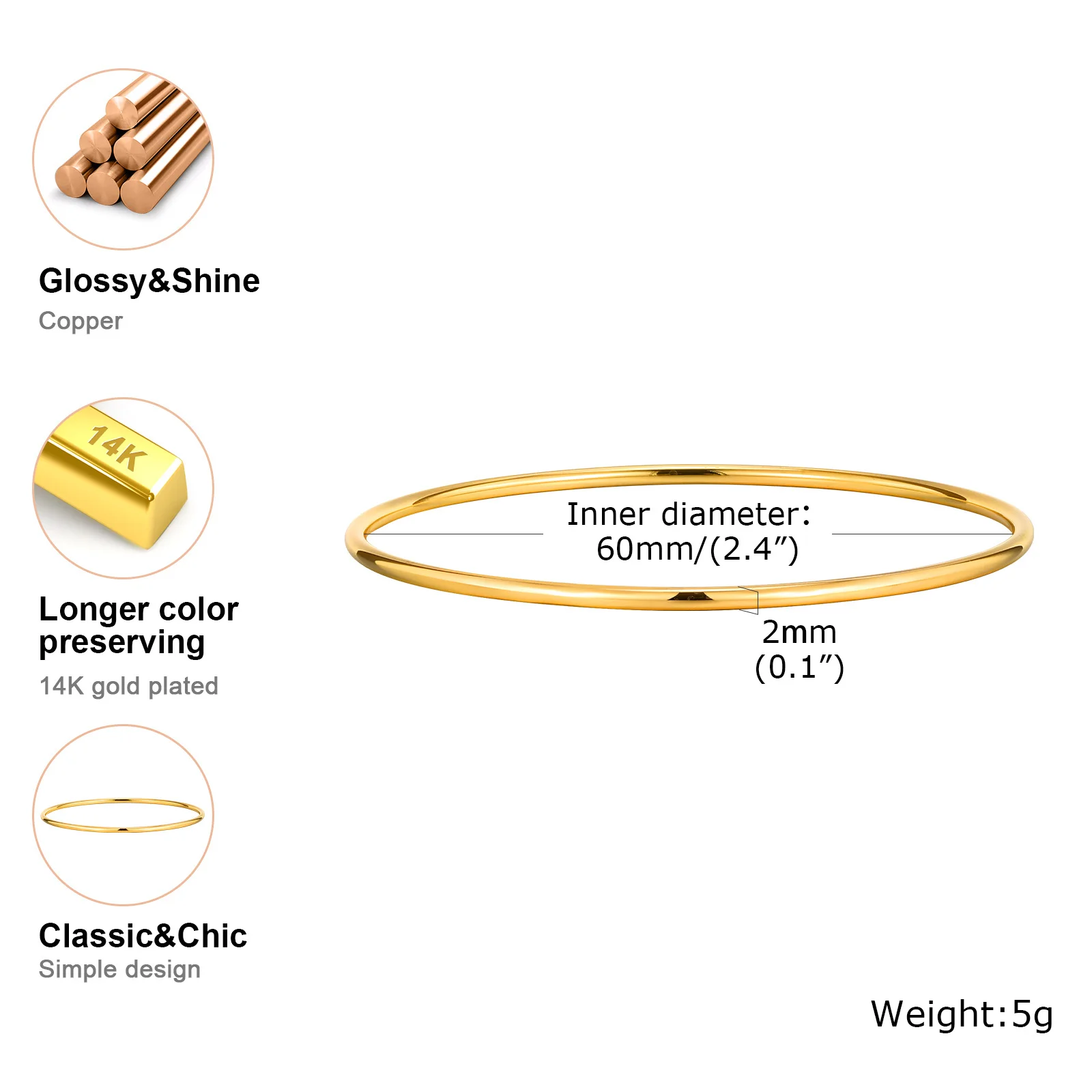 Elegant 18k Gold Plated Glossy Thin Bangle Bracelet