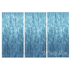 Silver Foil Fringe Curtains - Set of 3, Metallic Rose Gold Tinsel Streamers for Celebrations and Events Backdrop Decor (Baby Blue)