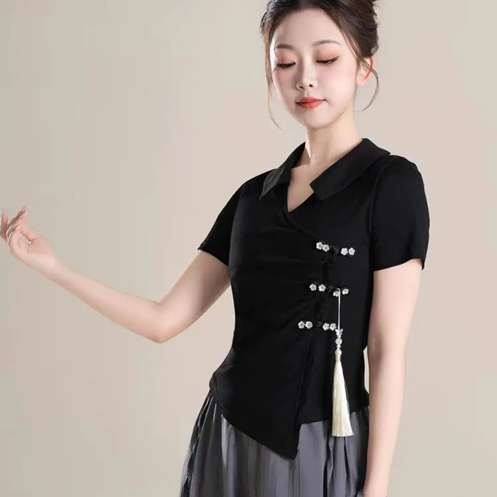 Tassel Pendant Irregular V-neck T-shirt Flower Button Lapel Women's Slim Crop Tops Chinese Style Streetwear