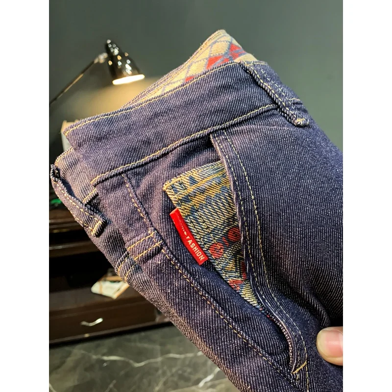 MEN'S dark blue denim shorts 2024 New retro fashion patchwork rolled edge breathable washed elastic casual pants