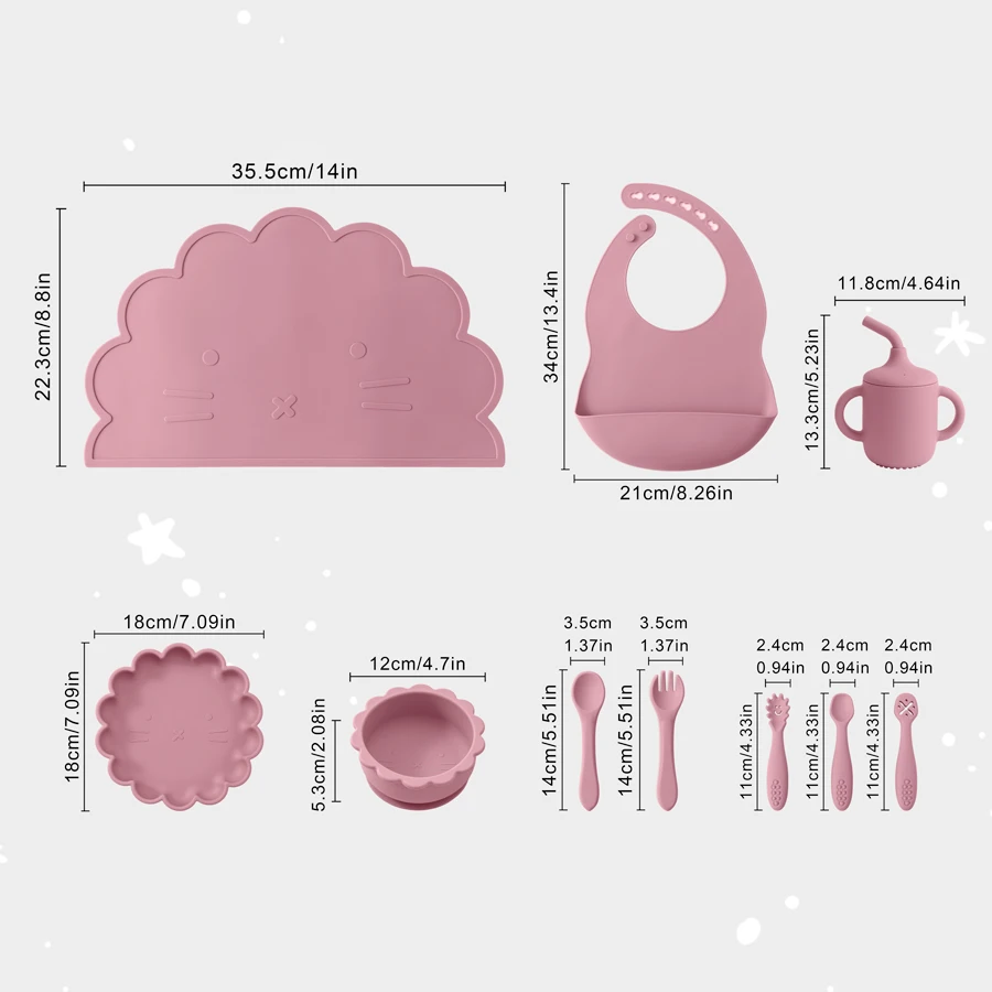 10PCS Silicone Baby Feeding Set Cartoon Lion Shape Dishes Plate Sucker Spoon Fork Portable Bib Cup Placemat Baby Dinner Set 4