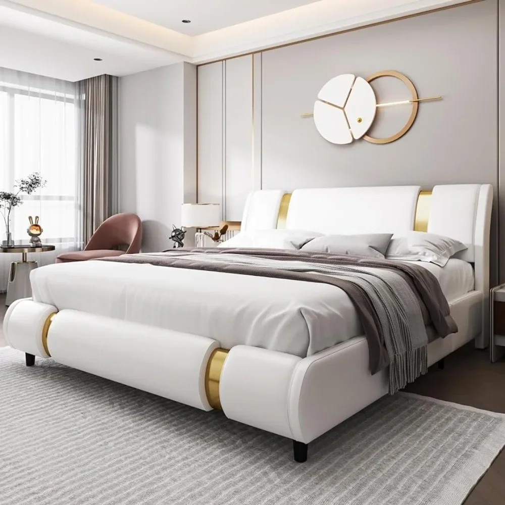 

Platform bed frame, upholstered in faux leather, gold iron metal upholstery, adjustable curved headboard platform bed frame