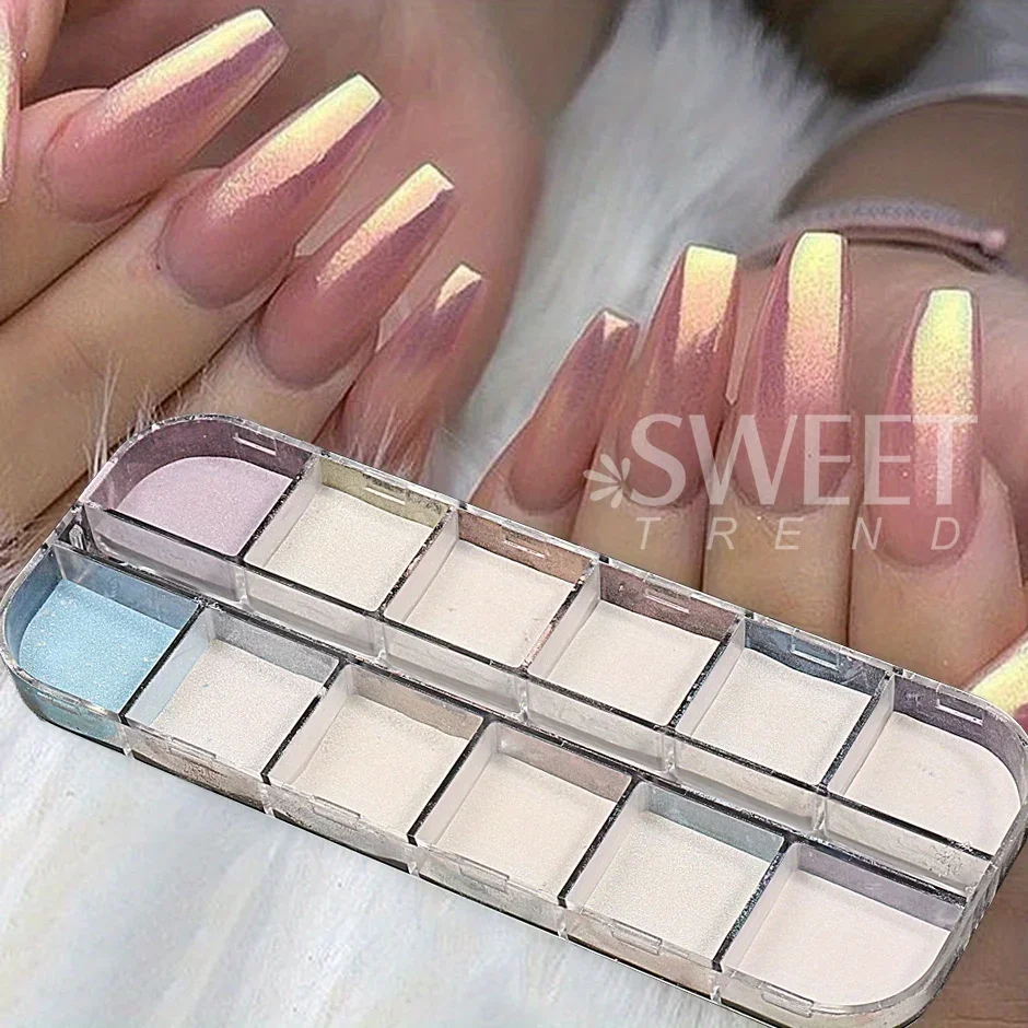 12 Grid Fairy Mermaid Nail Glitter Powder White Gloss Pearl Pigment Colorful Mirror Gel Polish Chrome Dust Winter Manicure Decor